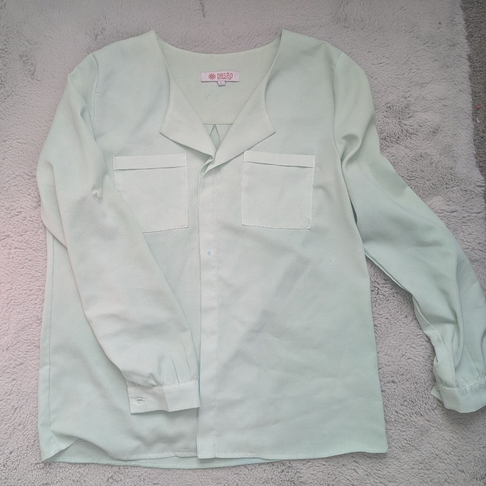 OASAP Green Blouse | Size Large | Long Sleeve Button-Front Top | Minimalist